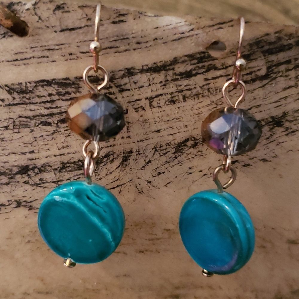 Malachite with Iridescent Beads Dangling Hook Earrings